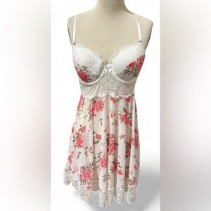 Floral Rose White and Pink Dress Lace Trim Adjustable Padded Nightgown Size M